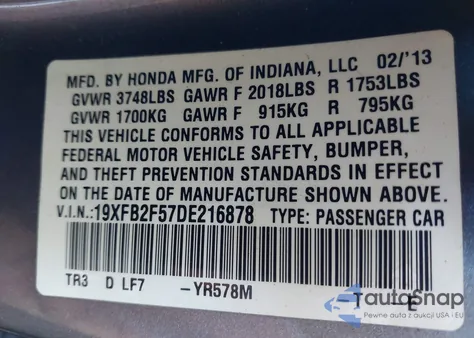 2013 Honda Civic Lx z USA, uszkodzony, nr VIN 19XFB2F57DE216878